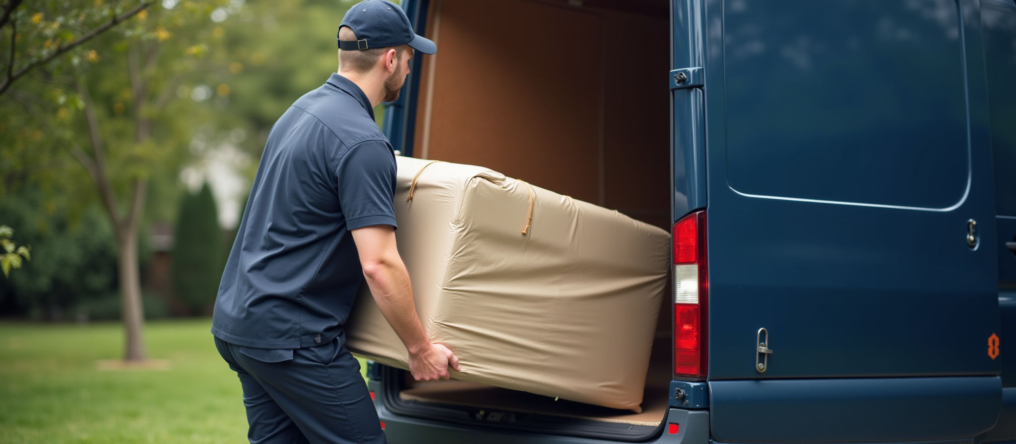 Removal worker carefully loading protected furniture into a van